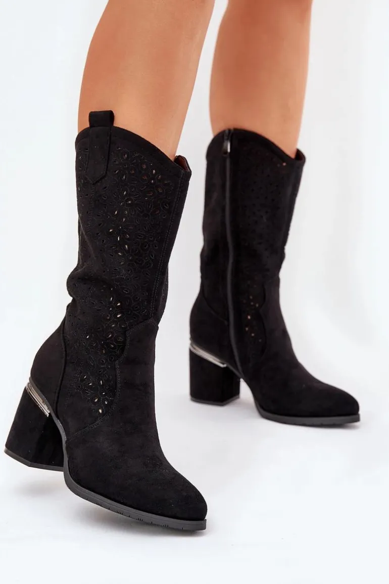 Ażurowe Kozaki Kowbojki Do Połowy Łydki S.Barski HY51-238 Czarne