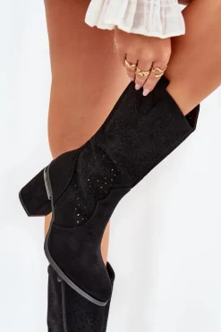 Ażurowe Kozaki Kowbojki Do Połowy Łydki S.Barski HY51-238 Czarne