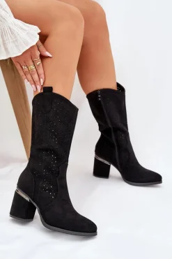 Ażurowe Kozaki Kowbojki Do Połowy Łydki S.Barski HY51-238 Czarne