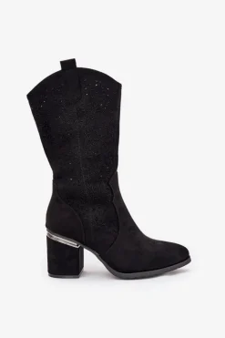 Ażurowe Kozaki Kowbojki Do Połowy Łydki S.Barski HY51-238 Czarne