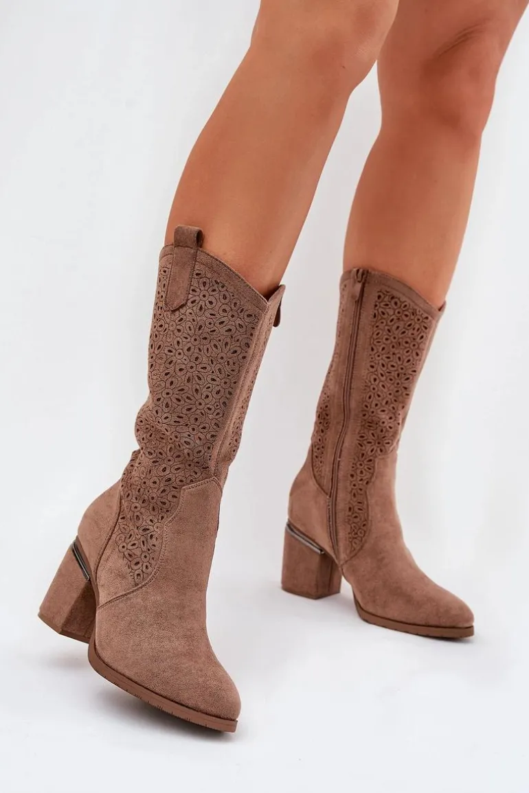 Ażurowe Kozaki Kowbojki Do Połowy Łydki S.Barski HY51-238 Brązowe