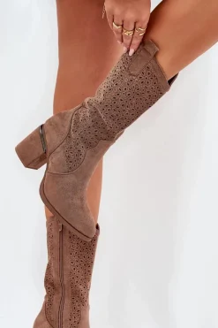 Ażurowe Kozaki Kowbojki Do Połowy Łydki S.Barski HY51-238 Brązowe