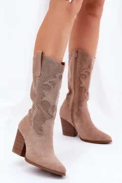 Ażurowe Kozaki Kowbojki Na Słupku S.Barski HY51-606 Beżowe