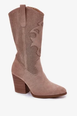 Ażurowe Kozaki Kowbojki Na Słupku S.Barski HY51-606 Beżowe