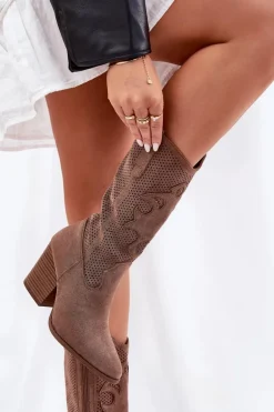 Ażurowe Kozaki Kowbojki Na Słupku S.Barski HY51-606 Brązowe