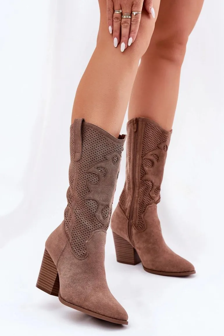 Ażurowe Kozaki Kowbojki Na Słupku S.Barski HY51-606 Brązowe