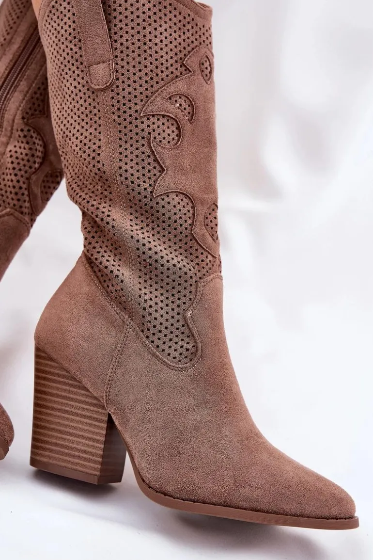 Ażurowe Kozaki Kowbojki Na Słupku S.Barski HY51-606 Brązowe