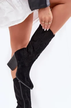 Ażurowe Kozaki Kowbojki Na Słupku S.Barski HY51-606 Czarne