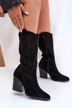 Ażurowe Kozaki Kowbojki Na Słupku S.Barski HY51-606 Czarne