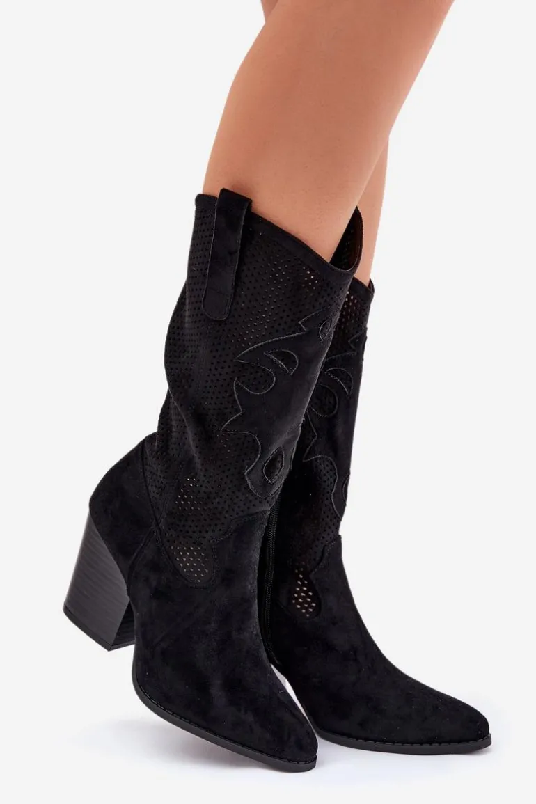 Ażurowe Kozaki Kowbojki Na Słupku S.Barski HY51-606 Czarne