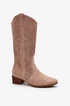 Ażurowe Kozaki Na Niskim Obcasie Beżowe Walea