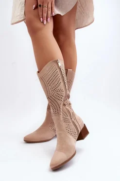 Ażurowe Kozaki Na Niskim Obcasie Beżowe Walea