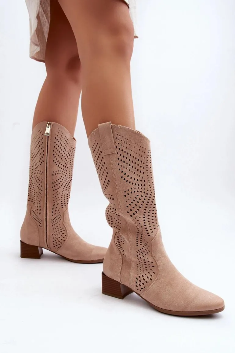 Ażurowe Kozaki Na Niskim Obcasie Beżowe Walea