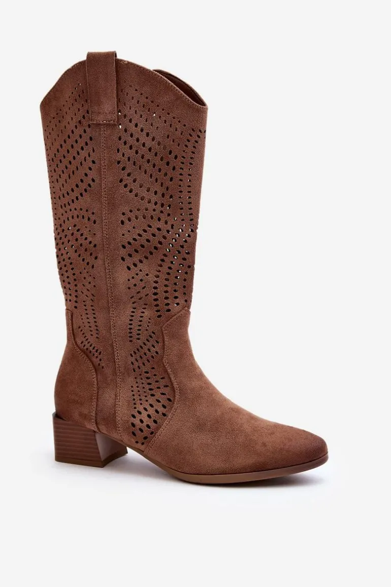 Ażurowe Kozaki Na Niskim Obcasie Brązowe Walea