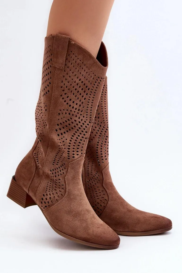 Ażurowe Kozaki Na Niskim Obcasie Brązowe Walea