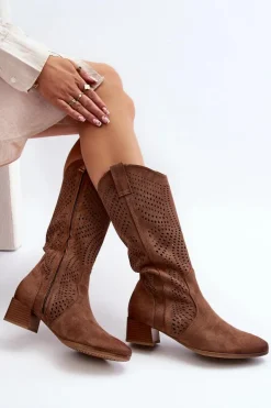 Ażurowe Kozaki Na Niskim Obcasie Brązowe Walea