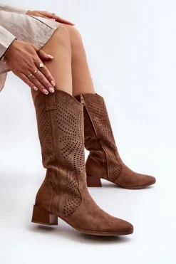 Ażurowe Kozaki Na Niskim Obcasie Brązowe Walea