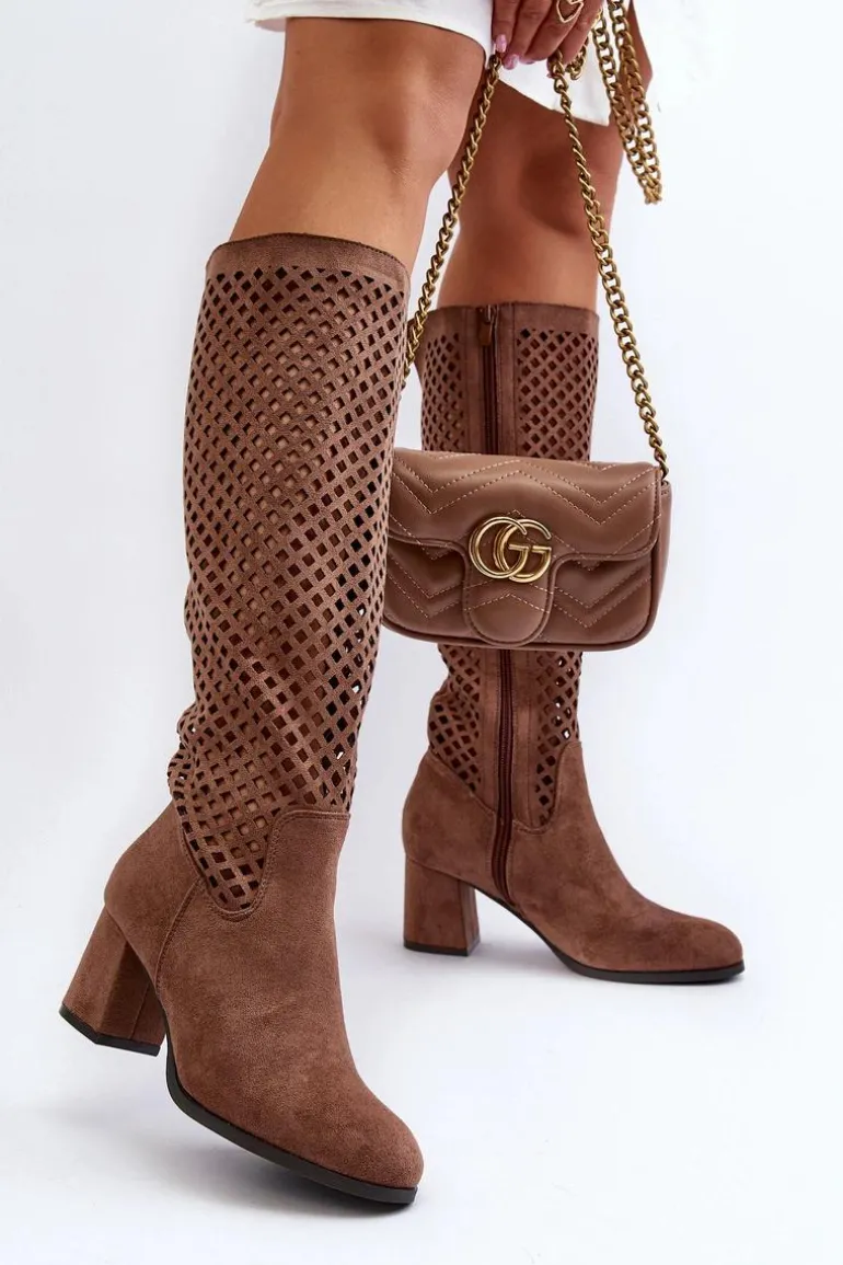 Ażurowe Kozaki Na Obcasie Zamszowe Brązowe Jolenna