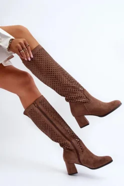 Ażurowe Kozaki Na Obcasie Zamszowe Brązowe Jolenna