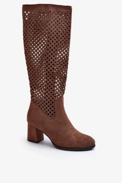 Ażurowe Kozaki Na Obcasie Zamszowe Brązowe Jolenna