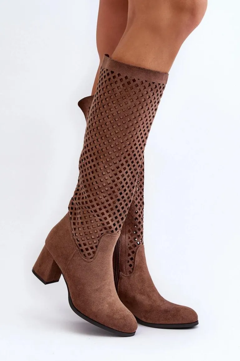 Ażurowe Kozaki Na Obcasie Zamszowe Brązowe Jolenna