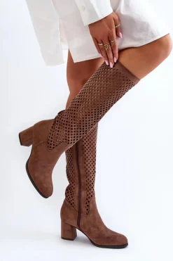 Ażurowe Kozaki Na Obcasie Zamszowe Brązowe Jolenna