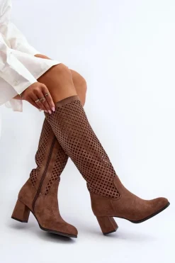 Ażurowe Kozaki Na Obcasie Zamszowe Brązowe Jolenna