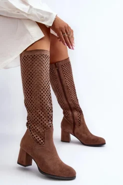 Ażurowe Kozaki Na Obcasie Zamszowe Brązowe Jolenna