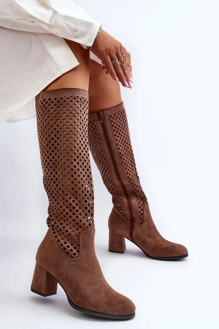 Ażurowe Kozaki Na Obcasie Zamszowe Brązowe Jolenna