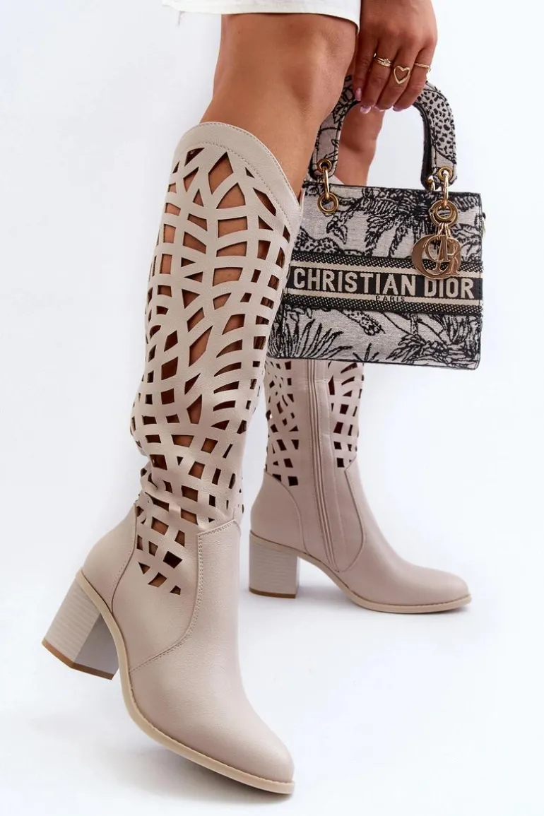 Ażurowe Kozaki Na Obcasie Beżowe Pinkema