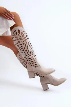 Ażurowe Kozaki Na Obcasie Beżowe Pinkema