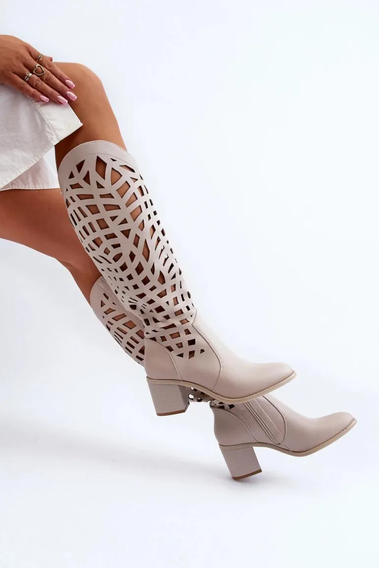 Ażurowe Kozaki Na Obcasie Beżowe Pinkema
