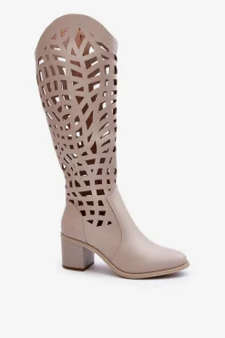 Ażurowe Kozaki Na Obcasie Beżowe Pinkema