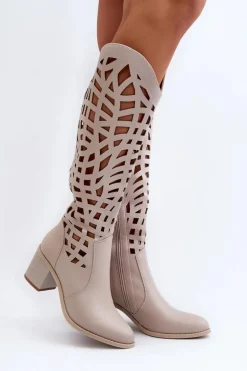 Ażurowe Kozaki Na Obcasie Beżowe Pinkema
