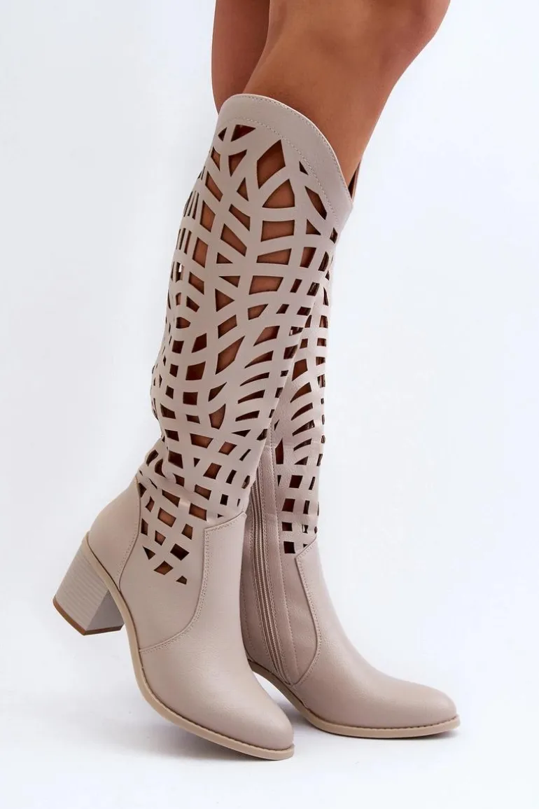 Ażurowe Kozaki Na Obcasie Beżowe Pinkema