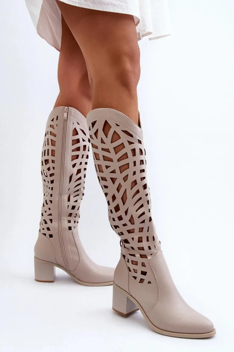 Ażurowe Kozaki Na Obcasie Beżowe Pinkema
