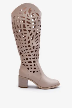 Ażurowe Kozaki Na Obcasie Beżowe Pinkema