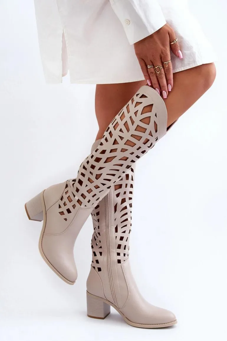 Ażurowe Kozaki Na Obcasie Beżowe Pinkema