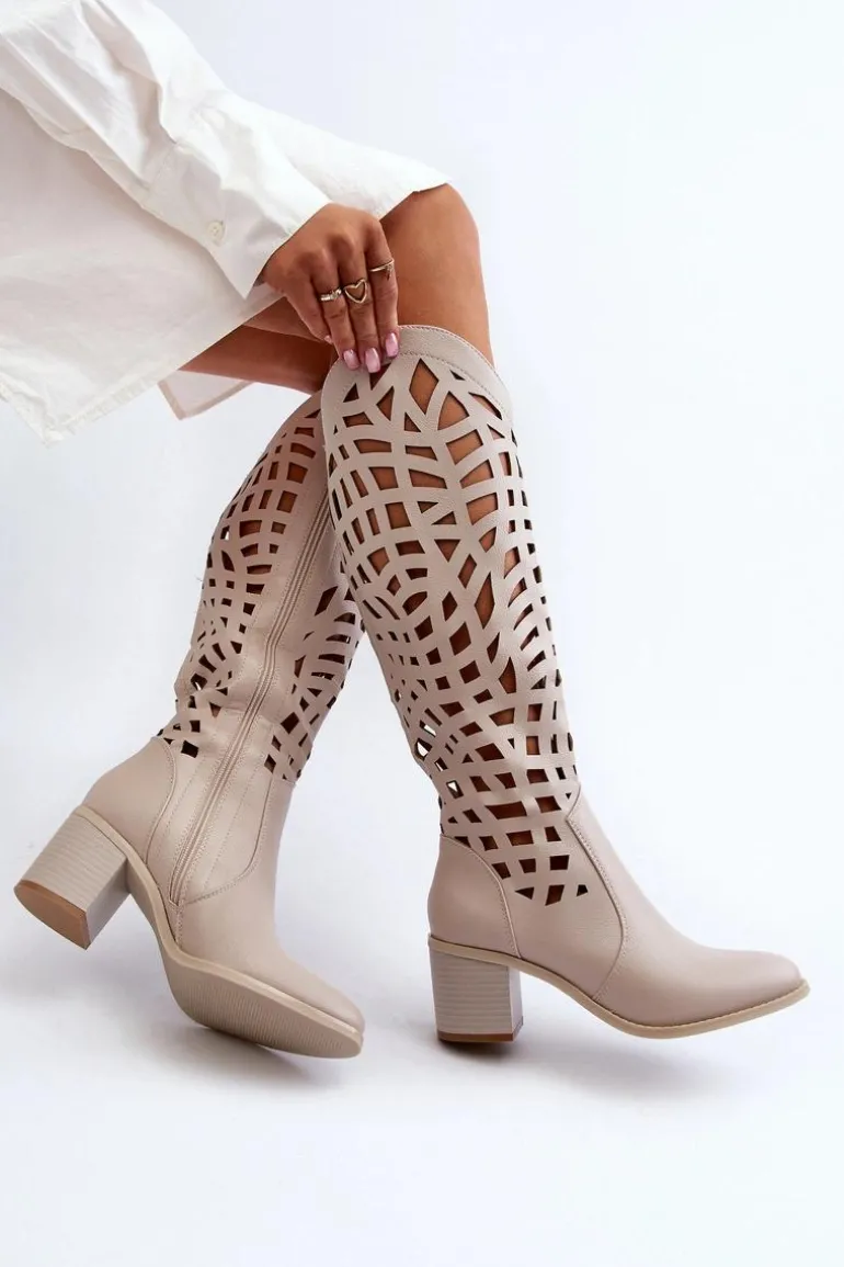 Ażurowe Kozaki Na Obcasie Beżowe Pinkema