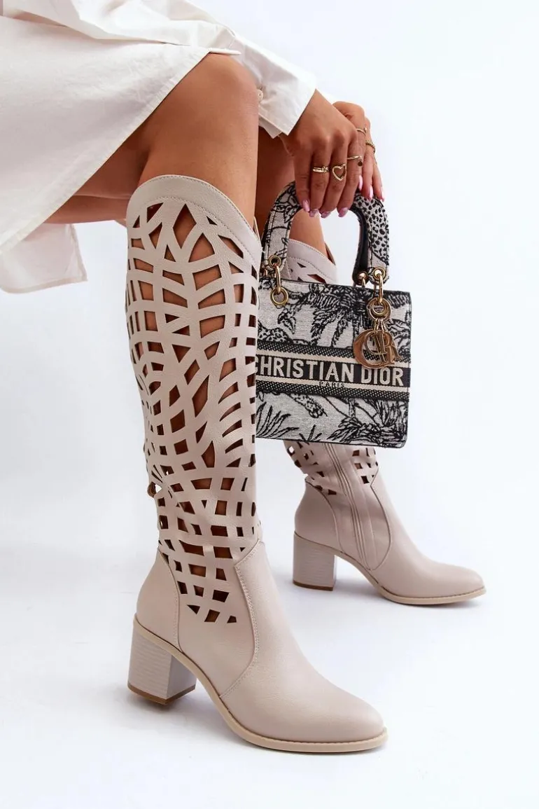Ażurowe Kozaki Na Obcasie Beżowe Pinkema
