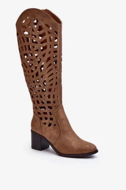 Ażurowe Kozaki Na Obcasie Brązowe Pinkema