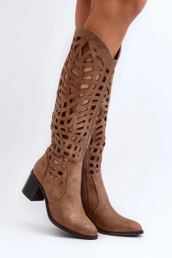 Ażurowe Kozaki Na Obcasie Brązowe Pinkema