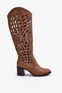 Ażurowe Kozaki Na Obcasie Brązowe Pinkema