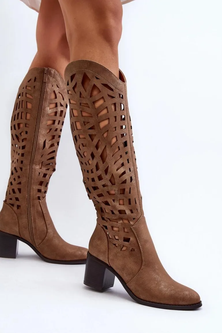 Ażurowe Kozaki Na Obcasie Brązowe Pinkema