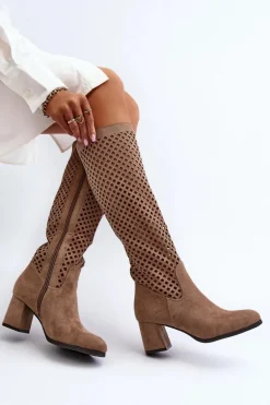 Ażurowe Kozaki Na Obcasie Zamszowe Beżowe Jolenna