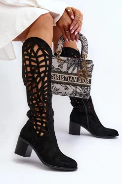 Ażurowe Kozaki Na Obcasie Czarne Pinkema
