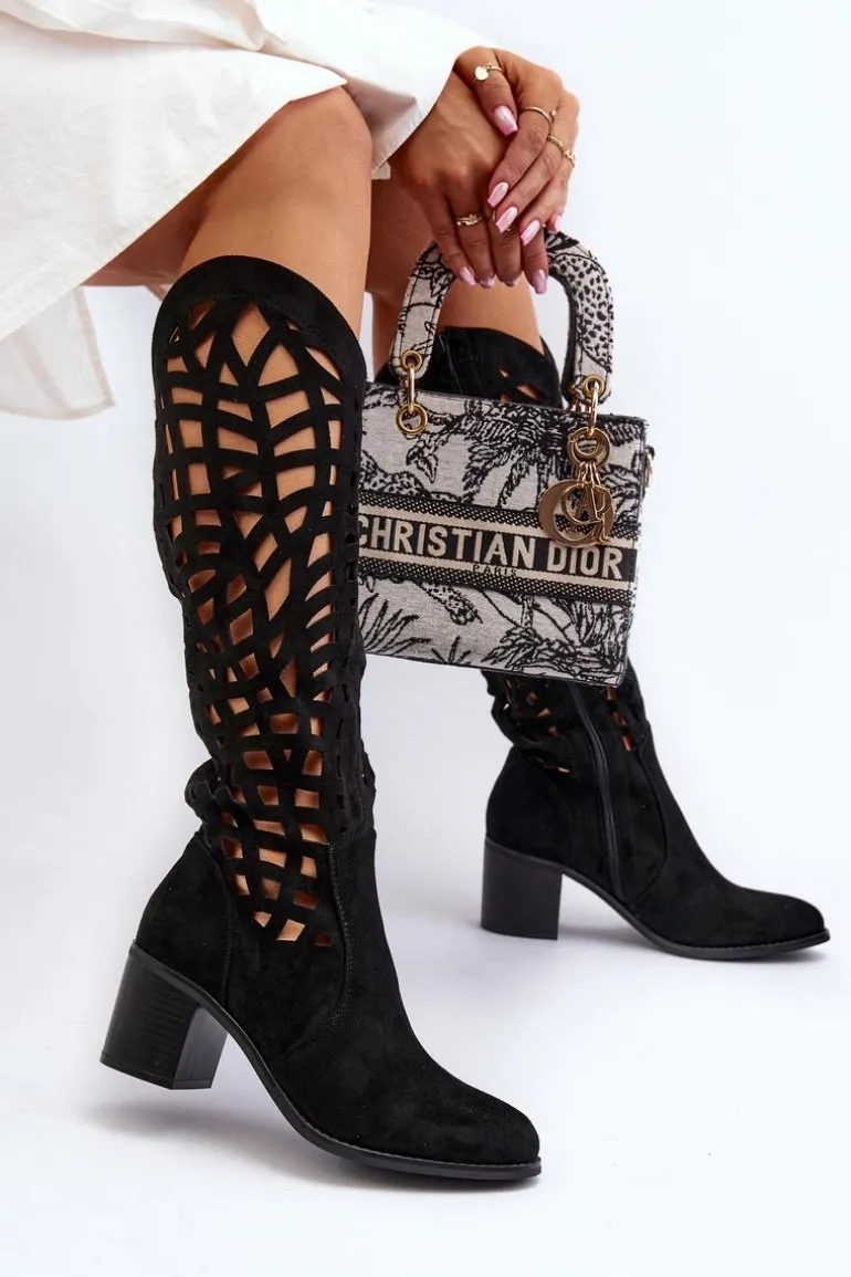 Ażurowe Kozaki Na Obcasie Czarne Pinkema