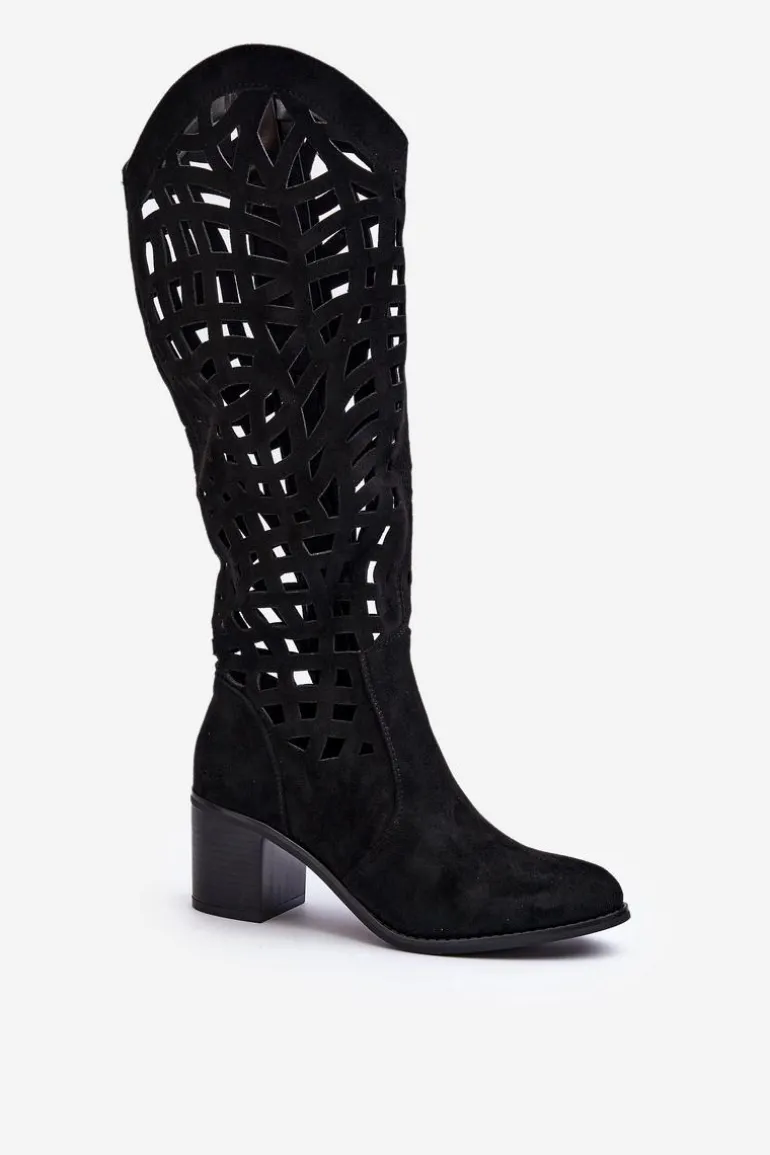 Ażurowe Kozaki Na Obcasie Czarne Pinkema