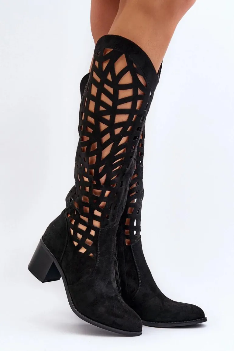 Ażurowe Kozaki Na Obcasie Czarne Pinkema