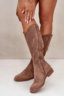 Ażurowe Kozaki Na Płaskim Obcasie Brązowe S.Barski HY42-150